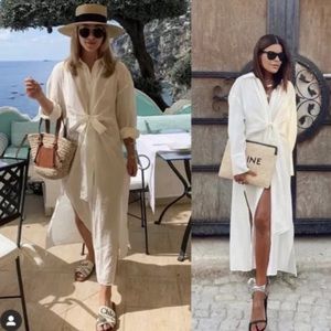 NWT Zara XS Knot Shirt Dress White Long Sleeve